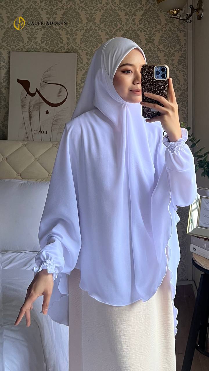 Khimar Imane berlengan with cuff in white front sleeves khimar_bygaleriaddeen