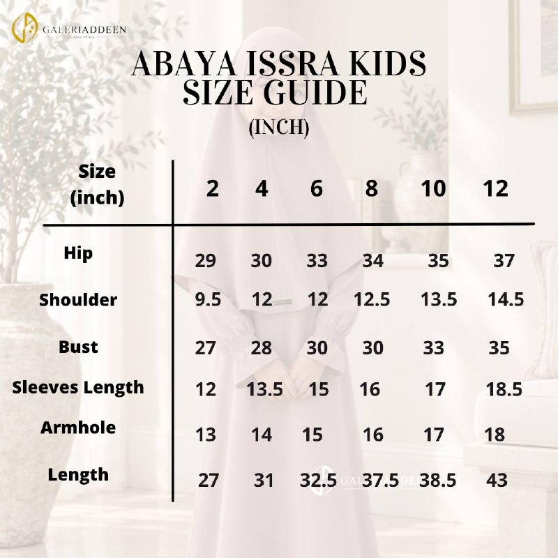 issra abaya kids size chart